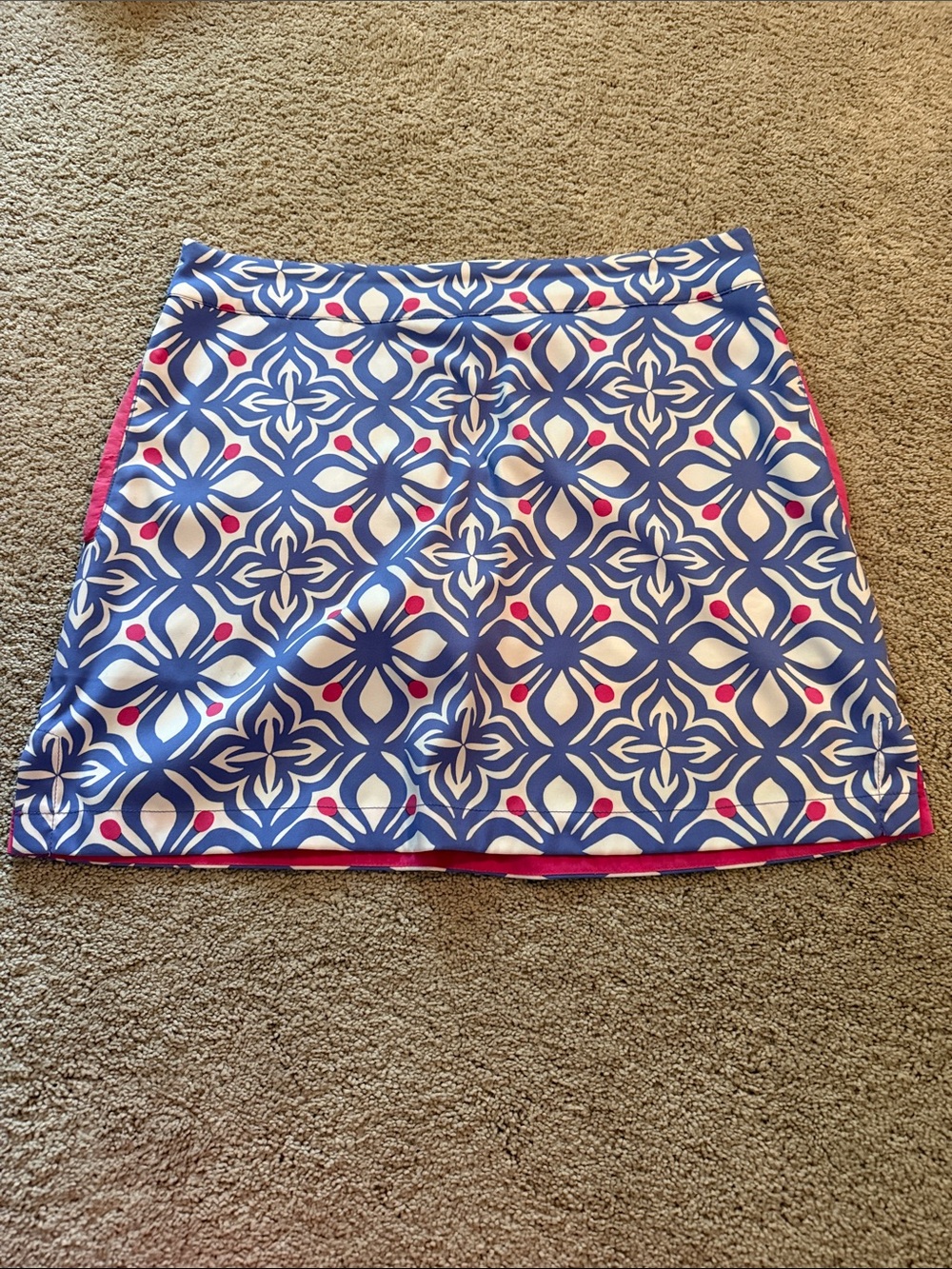 Vineyard Vines Blue and White Geometric Mini Skirt with Pink Trim